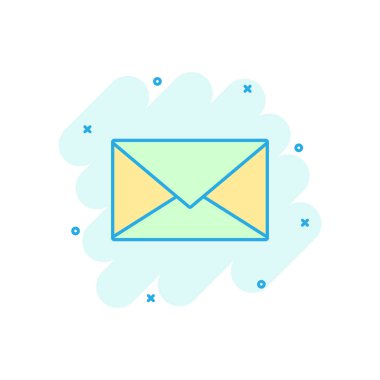 Posta zarf simgesi çizgi roman tarzı. E-posta iletisi vektör çizgi film illüstrasyon piktogram. Posta kutusu e-posta iş kavramı splash etkisi.