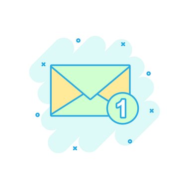 Posta zarf simgesi çizgi roman tarzı. E-posta iletisi vektör çizgi film illüstrasyon piktogram. Posta kutusu e-posta iş kavramı splash etkisi.