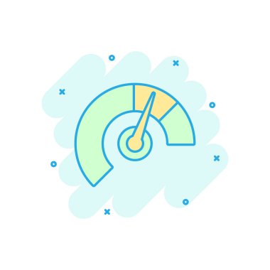 Ölçer gösterge paneli simgesini çizgi roman tarzı. Skor göstergesi düzey vektör çizgi film illüstrasyon piktogram kredi. Ölçü ölçeği iş kavramı splash etkisi ile ölçü aygıtları.