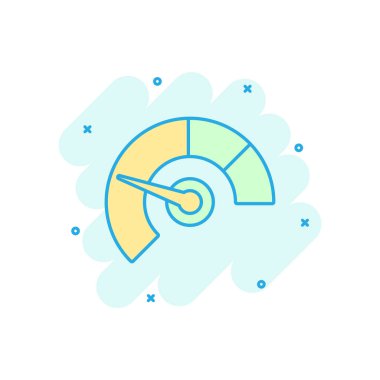 Ölçer gösterge paneli simgesini çizgi roman tarzı. Skor göstergesi düzey vektör çizgi film illüstrasyon piktogram kredi. Ölçü ölçeği iş kavramı splash etkisi ile ölçü aygıtları.