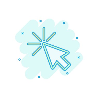 Çizgi roman tarzında bilgisayar faresi imleç simgesi. Ok imleci vektör karikatür resim çizimi. Fare hedefi iş konsepti sıçrama efekti.