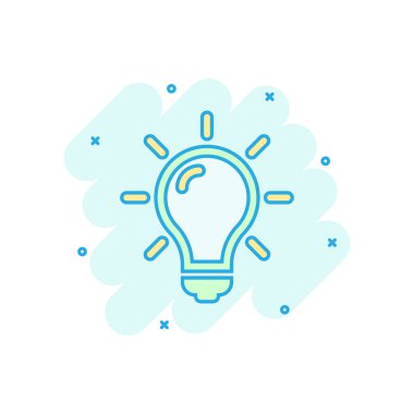 Çizgi roman tarzında ampul simgesi. Ampul vektör karikatür resimli resim. Lamba fikri iş konsepti sıçrama etkisi.