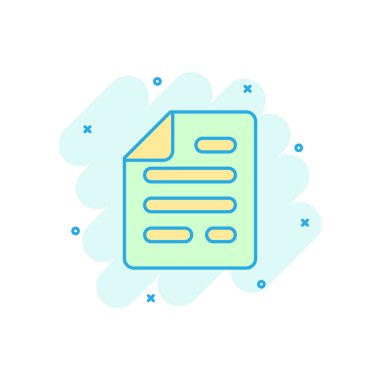 Çizgi roman tarzında belge notu simgesi. Kağıt sayfa vektör karikatür resimli resim. Not defteri belgesi iş konsepti sıçrama efekti.