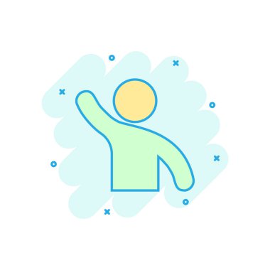 İnsanlar el kaldırma ikonunu komik bir şekilde selamlıyorlar. Kişinin jest vektör karikatür resimleme grafiği. Halkın lideri iş konsepti sıçrama etkisi.