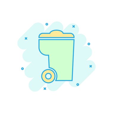 Çöp kutusu çöp simgesi çizgi roman tarzı. Çöp kovası vektör çizgi film illüstrasyon piktogram. Çöp sepeti iş kavramı splash etkisi.