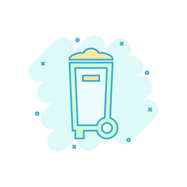 Çöp kutusu çöp simgesi çizgi roman tarzı. Çöp kovası vektör çizgi film illüstrasyon piktogram. Çöp sepeti iş kavramı splash etkisi.