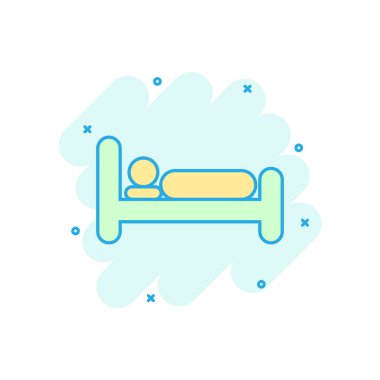 Çizgi roman tarzı yatak simgesi. Yatak odası vektör çizgi film illüstrasyon piktogram uyku. Kanepe iş kavramı splash etkisi sakin ol.