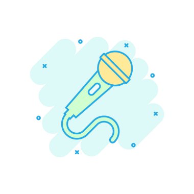 Çizgi roman tarzı mikrofon simgesi. Mikrofon yayın vektör çizgi film illüstrasyon piktogram. Mikrofon mike konuşma iş kavramı splash etkisi.