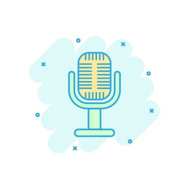 Çizgi roman tarzı mikrofon simgesi. Mikrofon yayın vektör çizgi film illüstrasyon piktogram. Mikrofon mike konuşma iş kavramı splash etkisi.