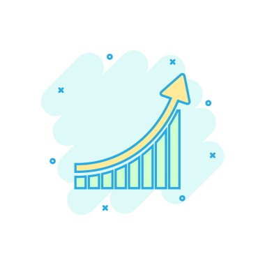 Çizgi roman tarzında bar grafik simgesi büyütülüyor. Ok vektör karikatür resimleme grafiğini arttır. Infographic ilerleme iş konsepti sıçrama etkisi.