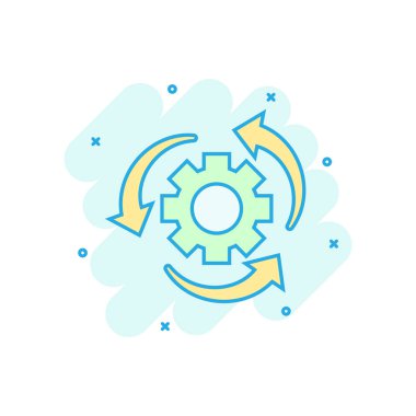 Çizgi roman tarzında çalışma süreci simgesi. Oklar vektör karikatür resimli dişli çark. İş akışı iş konsepti sıçrama etkisi.