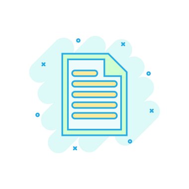 Çizgi roman tarzında belge notu simgesi. Kağıt sayfa vektör karikatür resimli resim. Not defteri belgesi iş konsepti sıçrama efekti.