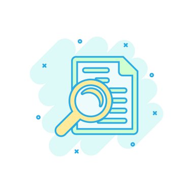 Scrutiny document plan icon in comic style. Review statement vector cartoon illustration pictogram. Document with magnifier loupe business concept splash effect. clipart