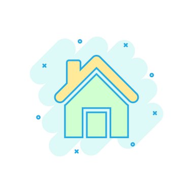 Çizgi roman tarzında ev inşa ikonu. Ev yapımı vektör karikatür resimli resim. Ev konutları iş konsepti sıçrama etkisi.