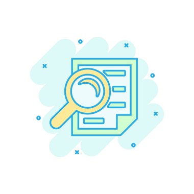 Çizgi roman tarzında incelenen belge planı simgesi. Açıklama vektör çizim resimlemesini gözden geçir. Yükseltici loupe iş konsepti sıçrama efekti içeren belge.