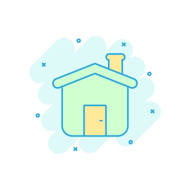 Çizgi roman tarzında ev inşa ikonu. Ev yapımı vektör karikatür resimli resim. Ev konutları iş konsepti sıçrama etkisi.