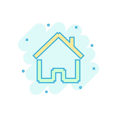 Çizgi roman tarzında ev inşa ikonu. Ev yapımı vektör karikatür resimli resim. Ev konutları iş konsepti sıçrama etkisi.