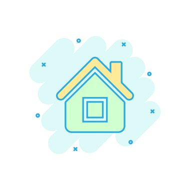 Çizgi roman tarzında ev inşa ikonu. Ev yapımı vektör karikatür resimli resim. Ev konutları iş konsepti sıçrama etkisi.