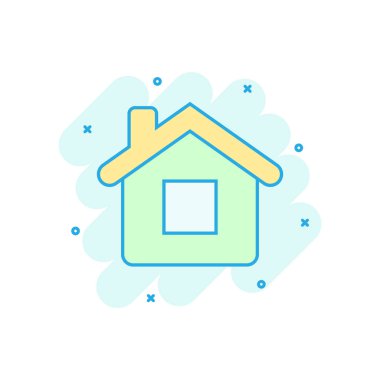 Çizgi roman tarzında ev inşa ikonu. Ev yapımı vektör karikatür resimli resim. Ev konutları iş konsepti sıçrama etkisi.