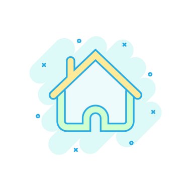 Çizgi roman tarzında ev inşa ikonu. Ev yapımı vektör karikatür resimli resim. Ev konutları iş konsepti sıçrama etkisi.