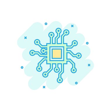 Çizgi roman tarzında devre panosu simgesi. Teknoloji mikroçip vektör karikatür çizimi. İşlemci ana kart iş konsepti sıçrama etkisi.