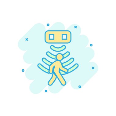 Hareket algılayıcı simgesi çizgi roman tarzında. İnsan vektör karikatür resimli sensör dalgaları. İnsanların güvenlik bağlantısı iş konsepti sıçrama etkisi.