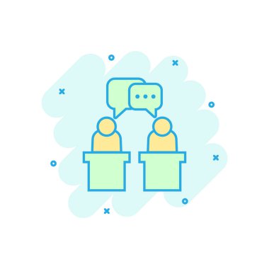 Siyasi münazara ikonu. Başkanlık tartışmaları vektör karikatür çizimi resimtogramı. İş adamı tartışması iş konsepti sıçrama etkisi.