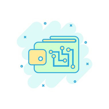 Çizgi roman tarzında dijital cüzdan simgesi. Kripto çanta vektör karikatür resimli resim. Çevrimiçi finans, e-ticaret iş konsepti sıçrama etkisi.