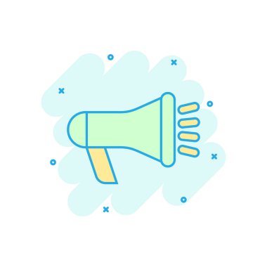 Çizgi roman tarzında megafon hoparlörü ikonu. Bullhorn ses duyurusu vektör çizim resimli çizim. Megafon yayın işi konsepti sıçrama etkisi.