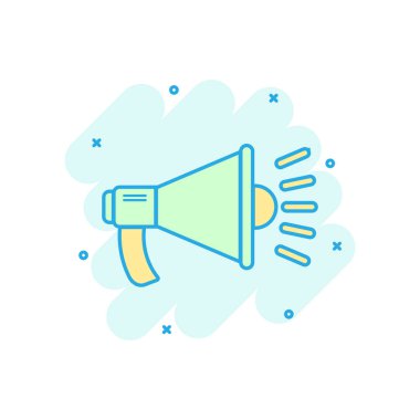 Çizgi roman tarzında megafon hoparlörü ikonu. Bullhorn ses duyurusu vektör çizim resimli çizim. Megafon yayın işi konsepti sıçrama etkisi.