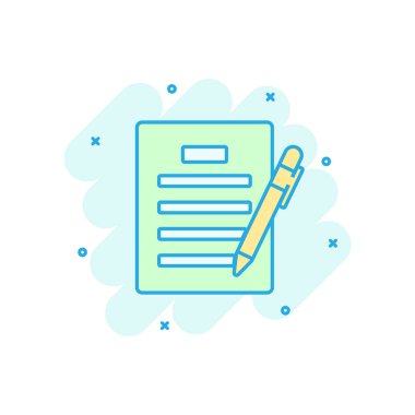 Çizgi roman tarzında sözleşme ikonu. Kalem vektör çizim resimli belge sayfası. Kontrat düzenlemesi iş konsepti sıçrama etkisi.