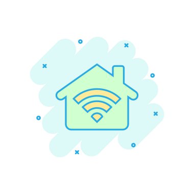 Çizgi roman tarzında akıllı ev ikonu. Ev kontrol vektör karikatürü resimli çizim. Akıllı ev işi konsepti sıçrama etkisi.