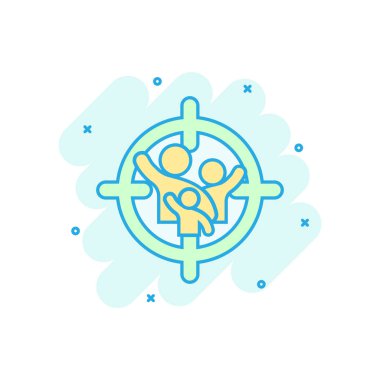 Hedef kitle ikonu komik bir şekilde. Çizgi film resimli resim çizimi yapan insanlara odaklan. İnsan kaynakları iş konsepti sıçrama etkisi.