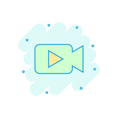 Çizgi roman tarzında video kamera simgesi. Film oyunu vektör karikatür çizimi resim grafiği. Video akışı iş konsepti sıçrama etkisi.