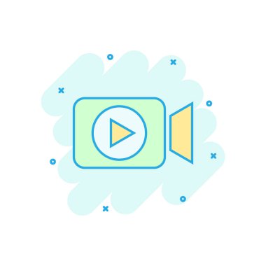 Çizgi roman tarzında video kamera simgesi. Film oyunu vektör karikatür çizimi resim grafiği. Video akışı iş konsepti sıçrama etkisi.