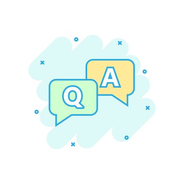 Çizgi roman tarzında soru ve cevap simgesi. Konuşma balonu vektör karikatür resimli çizimi tartışması. Soru, cevap iş konsepti sıçrama etkisi.