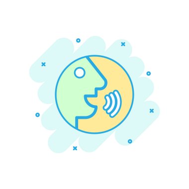 Ses dalgaları simgesine sahip komik sesli komut. Kontrol vektörü karikatürü resimli resim grafiğini konuş. Sözcü iş konsepti sıçrama etkisi.