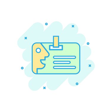 Çizgi roman tarzında kimlik kartı simgesi. Kimlik kartı vektör karikatür resimli resim. Erişim kartı sahipleri iş konsepti sıçrama etkisi.