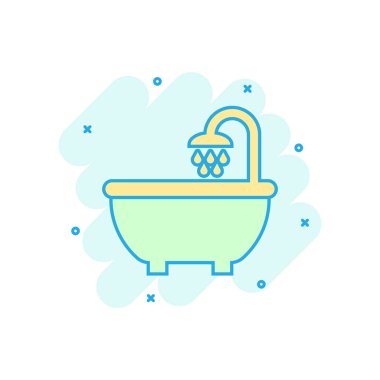 Çizgi roman tarzında banyo ikonu. Tuvalet hijyeni vektör karikatür resimli resim. Banyo spa iş konsepti sıçrama etkisi.