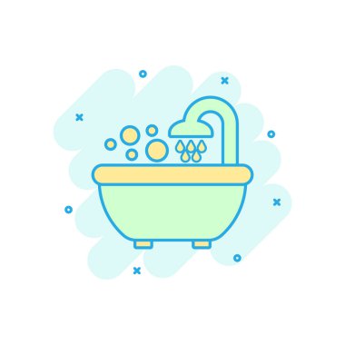 Çizgi roman tarzında banyo ikonu. Tuvalet hijyeni vektör karikatür resimli resim. Banyo spa iş konsepti sıçrama etkisi.