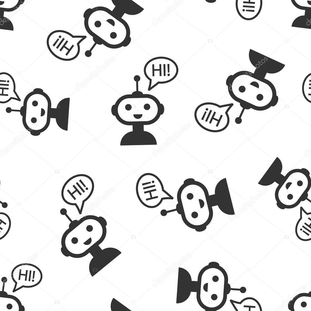 Cute robot chatbot icon seamless pattern background. Bot operator vector illustration. Smart chatbot character symbol pattern.