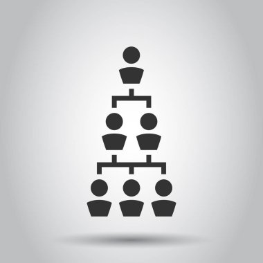 Şirket organizasyon şeması ve iş adamları düz bir şekilde ikonu temsil ediyor. Beyaz arka planda insanlar işbirliği yapıyor. Takım çalışması konsepti.
