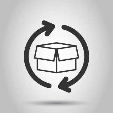 Kutu paket düz stil dönüş simgesi. Ok resimde beyaz zemin üzerine teslim kutusu. Kargo nakliye iş kavramı.