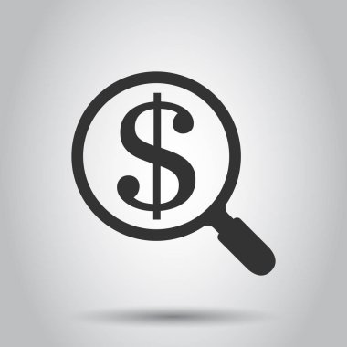 Cam düz stil dolar işareti simgesiyle büyüt. Büyüteç, para vektör çizim beyaz arka plan üzerinde. Arama bill iş kavramı.