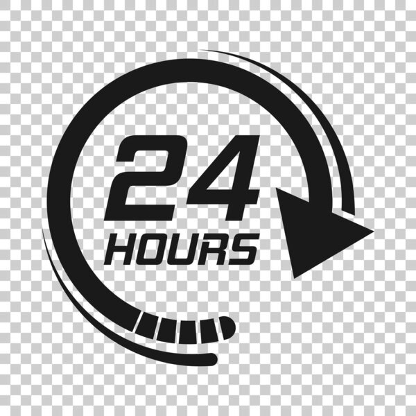 24 hours clock sign icon in transparent style. Twenty four hour open vector illustration on isolated background. Timetable business concept.