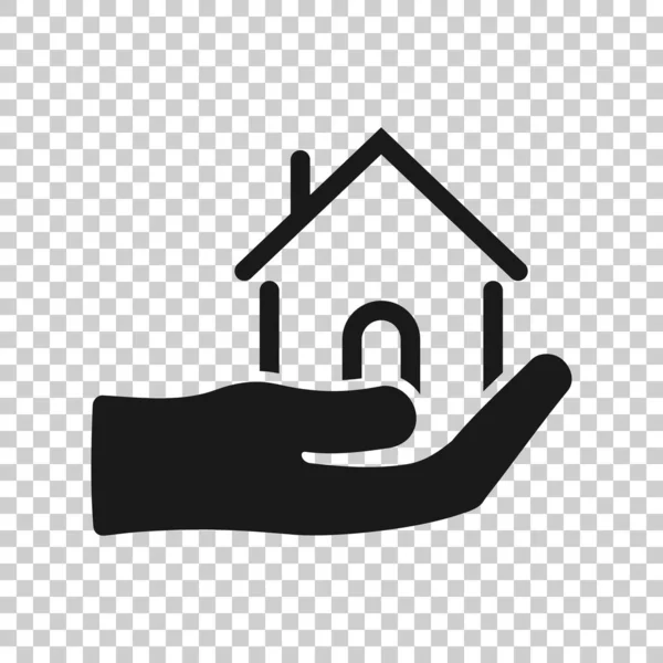 Home care icon in transparent style. Hand hold house vector illustration on isolated background. Building quality business concept. — Stock Vector
