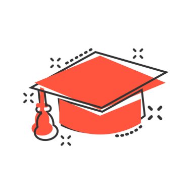 Çizgi roman tarzında mezuniyet kapağı simgesi. Eğitim şapka vektör karikatür