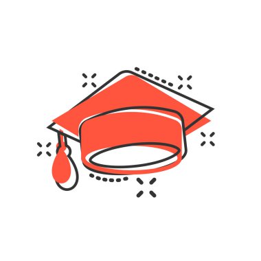 Çizgi roman tarzında mezuniyet kapağı simgesi. Eğitim şapka vektör karikatür