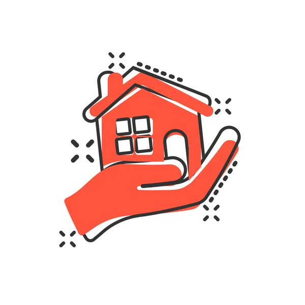 Home care icon in comic style. Hand hold house vector cartoon il — Stock Vector