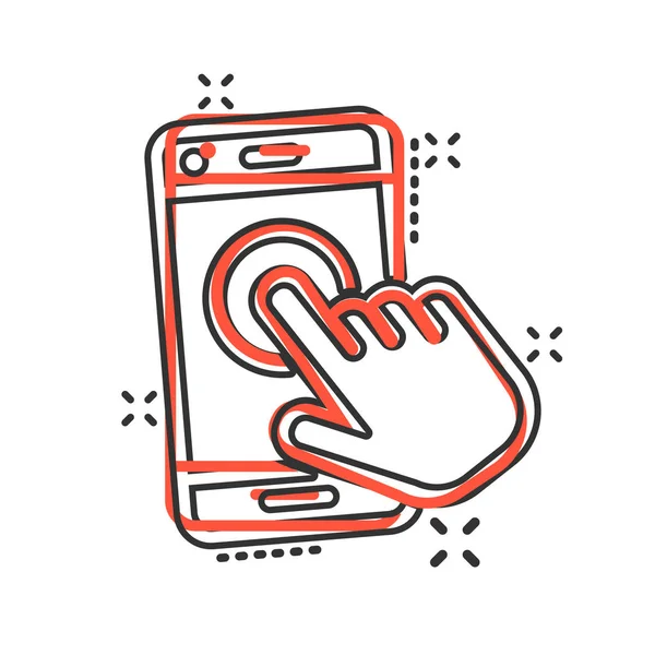 Ręka Dotknąć smartphone ikona w stylu komiksowym. Wektor palca telefonu c — Wektor stockowy
